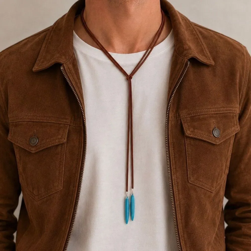Western Y Necklace Brown Cord & Turquoise Tips